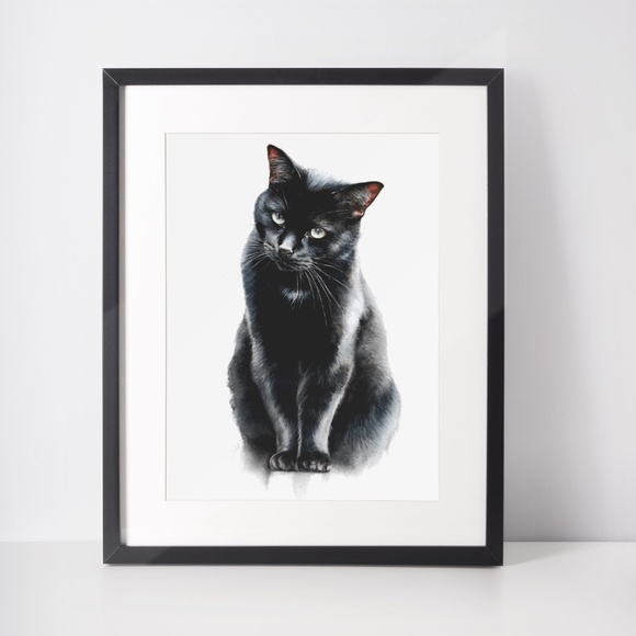 Watercolor Siberian Black Cat Art Print Illustartion - Pet Portrait - Unframed - Picture 2 of 6